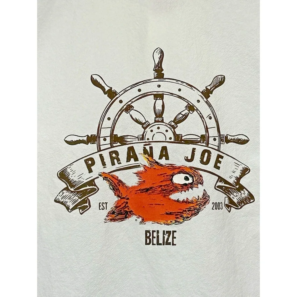 Vintage Pirana Joe Hawaiian Shirt Belize‎ Men M White Button Up Graphic Beach